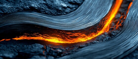 Molten lava flows through dark, textured rock.