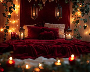 Romantic Valentine Night Setup with Lanterns and Velvet Bed Linens