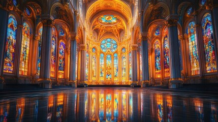 Ornate church interior, vibrant stained glass, reflective floor.