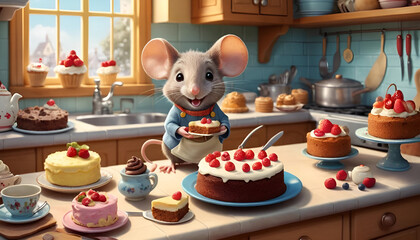"Adorable Cartoon Mouse Cutting and Sharing Cake in a Cozy Kitchen Surrounded by Delicious Treats, Perfect for Whimsical Children's Stories, Playful Art, and Fun Illustrations"