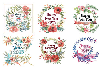 Happy New Year Watercolor Collection Bundle Set Isolated on a Transparent Background
