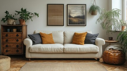 Fototapeta premium Cozy living room with beige sofa, plants, and artwork.