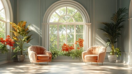 Sunlit room with peach armchairs, plants, and arched window.