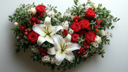 Heart-shaped funeral floral arrangement with red roses, white lilies, and greenery.