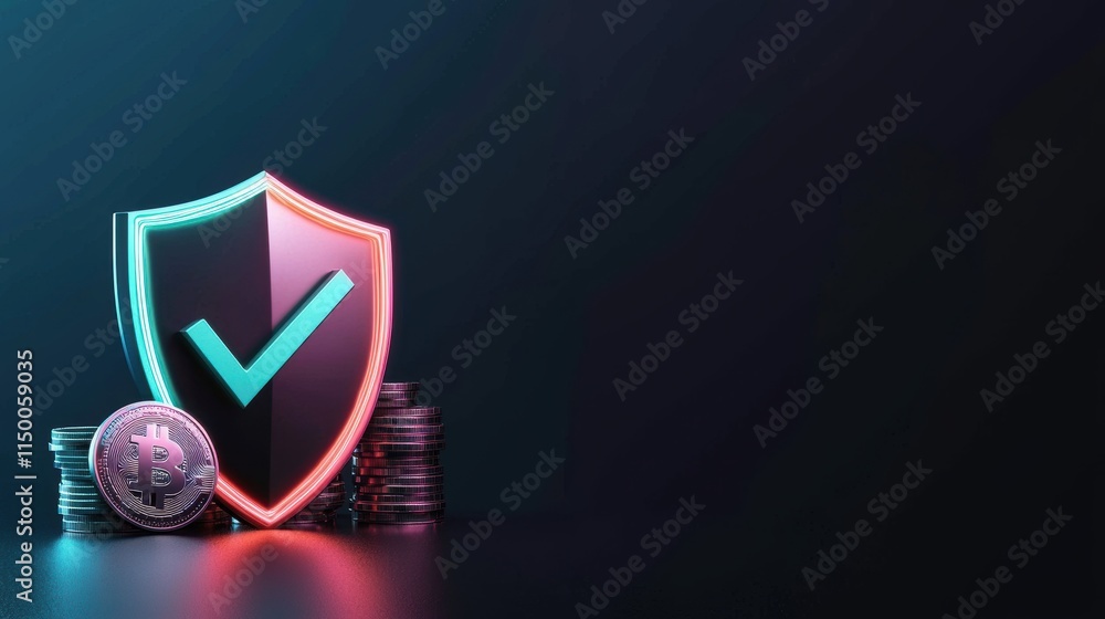 Poster neon shield with checkmark and coins digital security concept