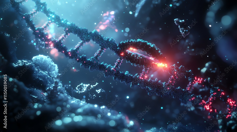 Poster a mesmerizing abstract image of a dna strand with glowing particles, evoking a sense of wonder and m