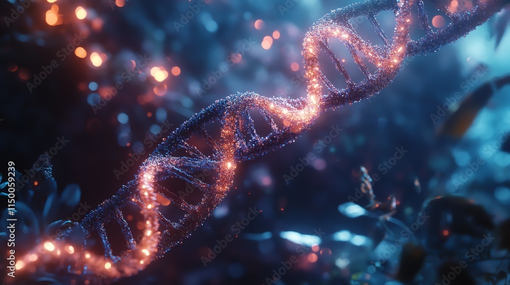Poster a glowing dna strand, a symbol of life and genetic code, is illuminated by warm light, creating a me