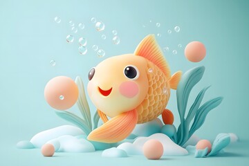 zodiac sign Pisces in the 3D illustration style, cute, kawaii character design with on a simple background, a high resolution detailed texture with adorable details