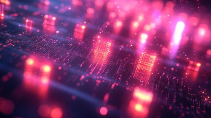 Fototapeta premium Abstract digital technology background with glowing, colorful blocks and particles.