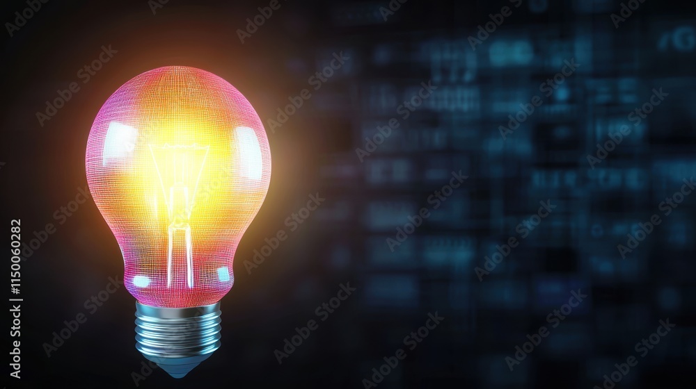 Poster glowing colorful light bulb rendering in abstract digital space