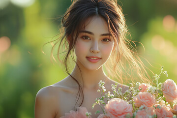Naklejka premium A confident woman wearing a pink dress, holding flowers in a sunlit garden, celebrating International Women’s Day with grace and empowerment.