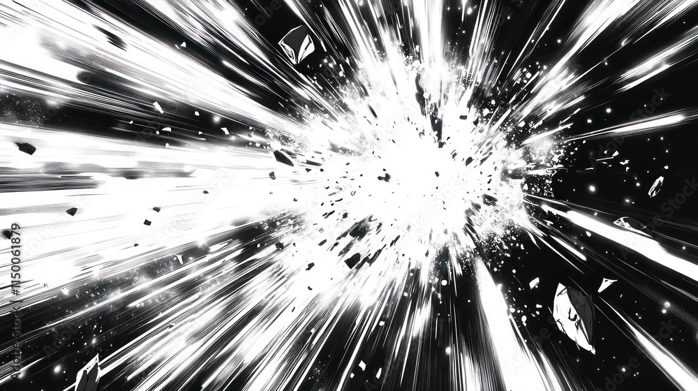 Poster abstract monochrome image depicting a burst of light and fragmented particles radiating outwards fro