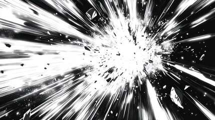 Abstract monochrome image depicting a burst of light and fragmented particles radiating outwards from a central point, creating a dynamic and energetic composition.