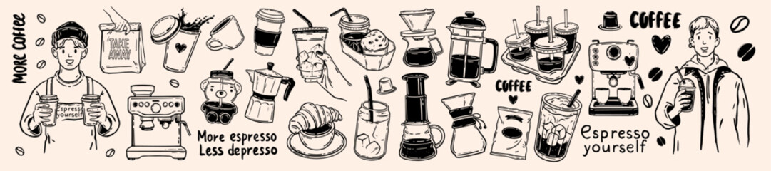 Coffee icon vector hand drawn set, doodle cafes illustration, morning hot beverage breakfast cup. Take away eatery barista menu cartoon object latte drink cocktail black sticker espresso. Coffee icon
