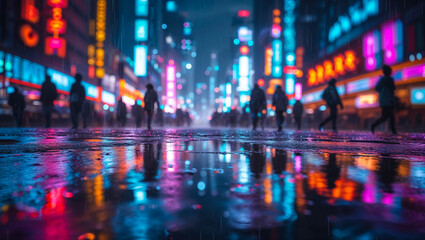 Obraz premium Neon Cityscape: A vibrant and captivating night scene in a bustling city, with neon lights reflecting on the wet pavement. The silhouettes of people add a sense of movement and anonymity.