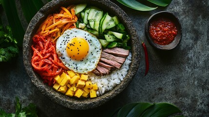 A vibrant bibimbap bowl with perfectly arranged vegetables, a sunny-side-up egg, and sliced beef on a bed of rice, served in a traditional stone pot with red chili paste on the side