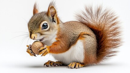 Obraz premium Adorable red squirrel holding acorn, isolated on white.