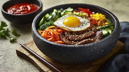 A vibrant bibimbap bowl with perfectly arranged vegetables, a sunny-side-up egg, and sliced beef on a bed of rice, served in a traditional stone pot with red chili paste on the side