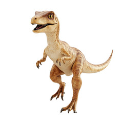 Obraz premium A detailed and realistic portrayal of a dinosaur figure in a playful stance, showcasing its unique features against a white isolated background.