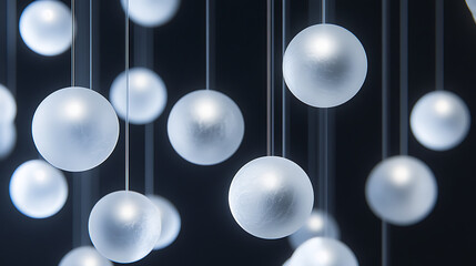 Abstract Sphere Symphony:  A mesmerizing arrangement of suspended orbs, each radiating a soft, ethereal glow against a stark black backdrop. The image evokes a sense of tranquility and mystery.