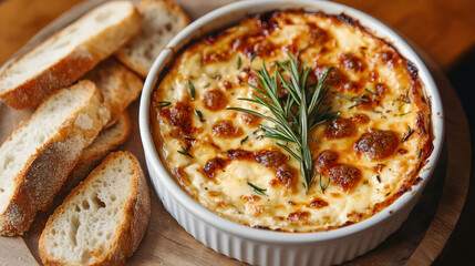 Creamy baked camembert cheese dish served with toasted bread and fresh herbs for a delightful appetizer