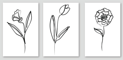 Flowers and floral print with line art. Vector cute illustration of peony, leaves, rose, hummingbird, hydrangea and plants for greeting card, wedding invitation, background, pattern or poster