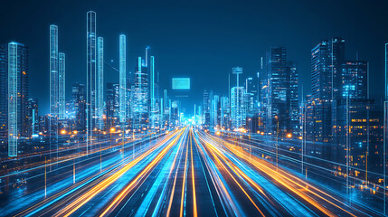 Obraz premium Digital Cityscape: A mesmerizing digital rendering of a futuristic cityscape, with glowing lines and vibrant colors, symbolizing the interconnectedness of technology and urban life.