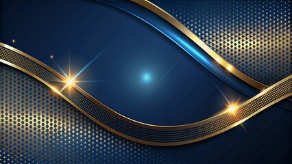 Luxury dark blue background with halftone gold curved lines and sparkling lighting effects.