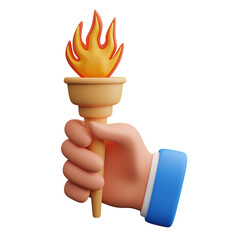 3D illustration of hand holding a torch with flame