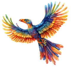 A vibrant and colorful bird in flight, showcasing intricate feather patterns against a white isolated background.