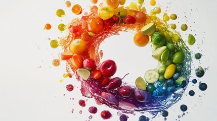 An abstract artistic composition featuring vibrant fruits and vegetables arranged into a swirling rainbow spiral