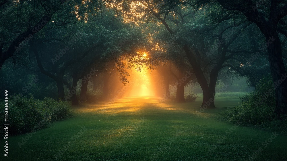 Poster sunbeams illuminate a mystical forest path at dawn, creating a magical atmosphere.