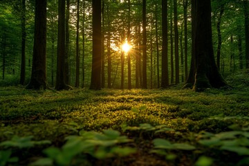 Obraz premium Sunset in a lush green forest with moss covered ground.