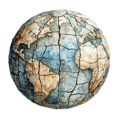 Artistic world globe illustration featuring cracked textures on continents, emphasizing Earth's natural beauty and geographic diversity.