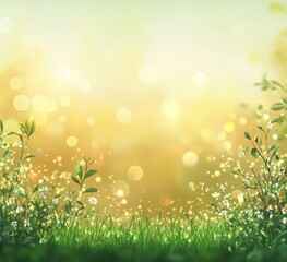 Obraz premium Sparkling summer meadow with green grass, white flowers, and bokeh lights.