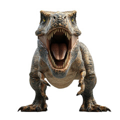 Fototapeta premium Realistic dinosaur model, roaring with open jaws, detailed texture and vibrant colors, perfect for educational and entertainment purposes.