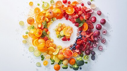 An abstract artistic composition featuring vibrant fruits and vegetables arranged into a swirling rainbow spiral