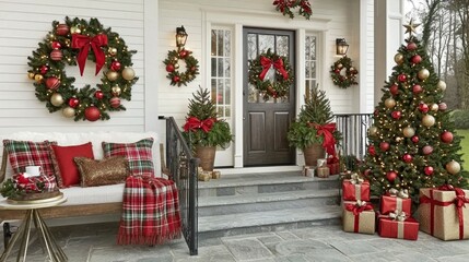 Obraz premium Festive Christmas Porch Decor with Red and Gold Accents