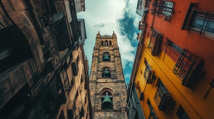 Naklejka premium church bell tower in the city, captured from the streets below, with the intricate details of its architecture contrasted against the vibrant urban surroundings