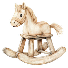 Wooden rocking horse toy, perfect for children's playtime and decoration, with a classic design and warm tones against a white isolated background.