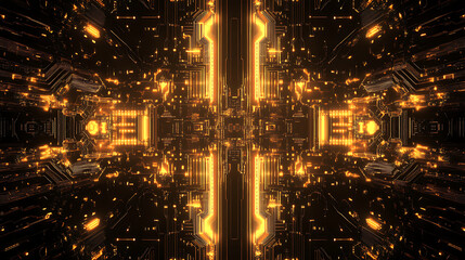 Fototapeta premium Golden Circuitry: An abstract and mesmerizing 3D render of intricate circuitry, illuminated by glowing golden lines, creates a hypnotic and futuristic visual experience.