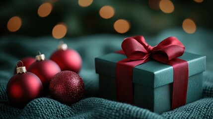 Obraz premium Teal gift box with red ribbon and ornaments.