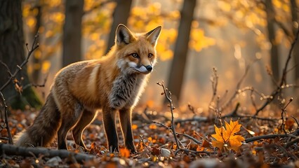 Fototapeta premium Red fox Wildlife photography, golden hour lighting forest edge