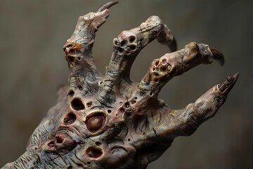 Zombie Hand with Many Small Holes, Deformed Fingers, Fungal Infection, Trypophobia. Generative AI