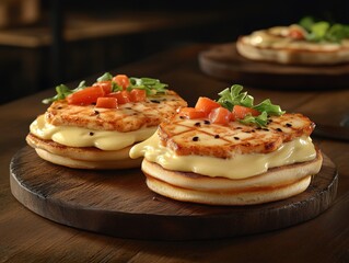 Grilled halloumi cheese on mini pancakes with sauce and diced tomatoes.