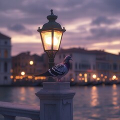 pigeon on a streetlight pole, with Venice old architecture and the twilight sky serving as the perfect backdrop, conveying the historic charm of the city