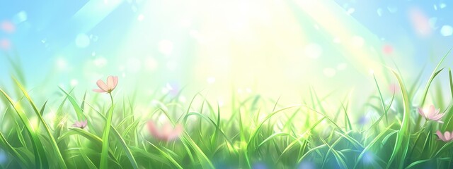 Obraz premium Sunny spring meadow with vibrant green grass and delicate pink flowers.