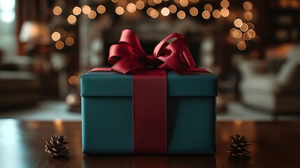 Teal gift box with red ribbon on wooden table.