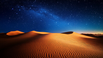 Naklejka premium Desert Night Sky: Starry expanse over rolling sand dunes. A mesmerizing landscape photograph of a desert at night.