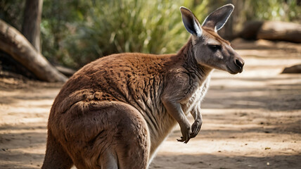 Fototapeta premium A 3D kangaroo with a joey in its pouch, highlighting the bond of these Australian animals in a zoo, against a soft pastel background 